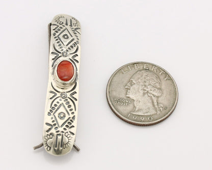 Women Navajo Hair Clip Barrette 925 Silver White Red Spiney Oyster Native Artist