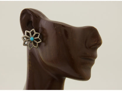 Navajo Flower Earrings 925 Silver Natural Turquoise Native Artist C.80's