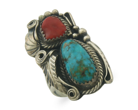 Navajo Ring 925 Sterling Natural Coral & Turquoise Signed JM C.80's Size 9.0
