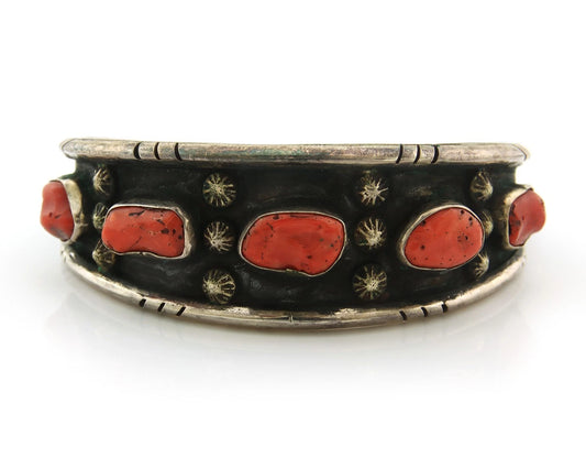 Men Navajo Cuff Bracelet Sterling Silver Natural Coral Signed SM Vintage