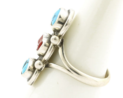 Navajo Ring 925 Silver Sleeping B Turquoise & Coral Native American Artist C.80s