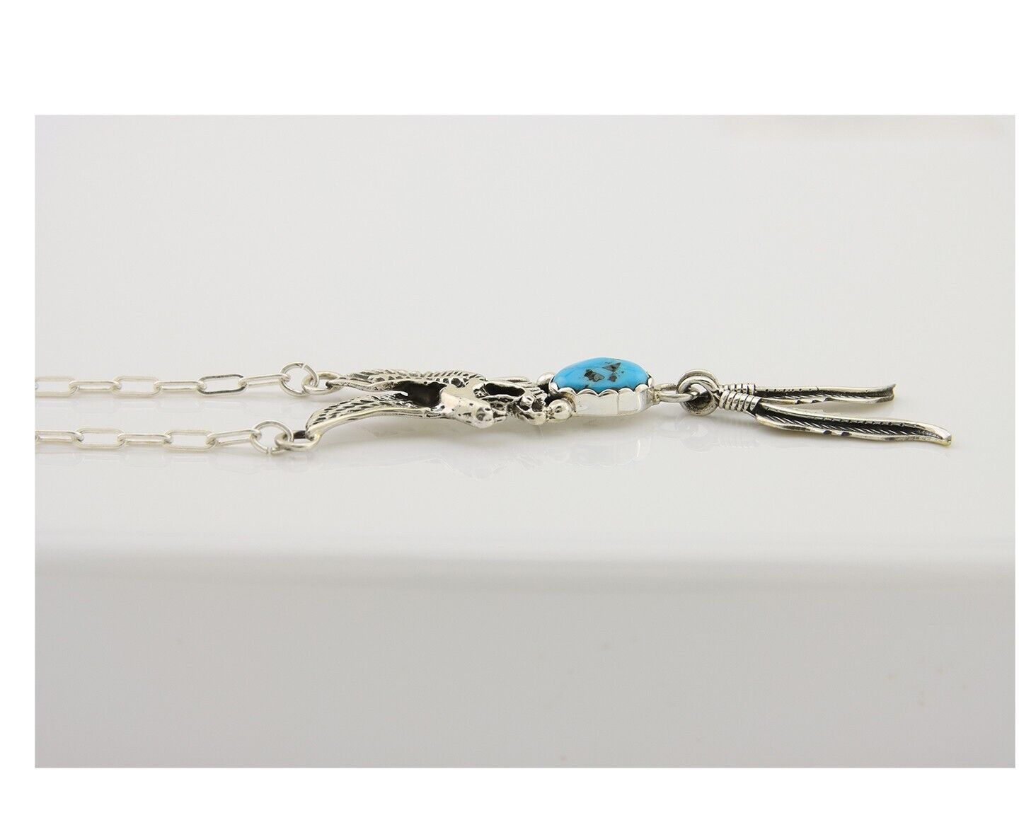 Navajo Eagle Feather Turquoise Necklace 925 Silver Native American Artist C.80's