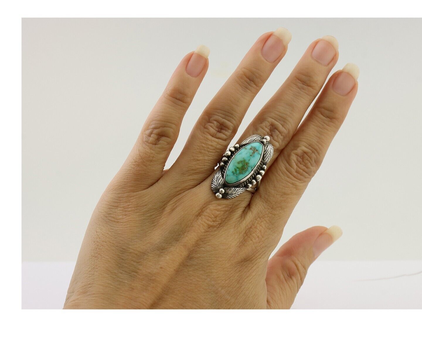 Navajo Ring 925 Silver Natural Blue Turquoise Artist Signed GR HEART C.80's