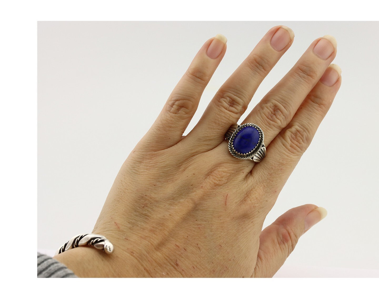 Navajo Ring 925 Silver Lapis Hand Stamped Native American Artist C.80's