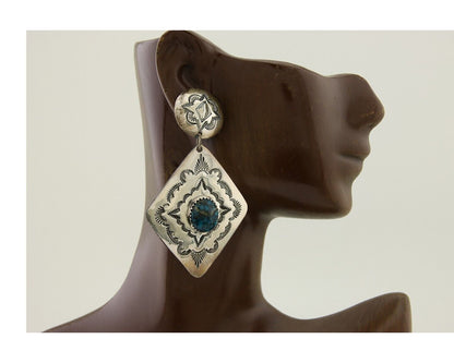 Navajo Dangle Earrings 925 Silver Natural Blue Turquoise Artist Signed LS C.80's