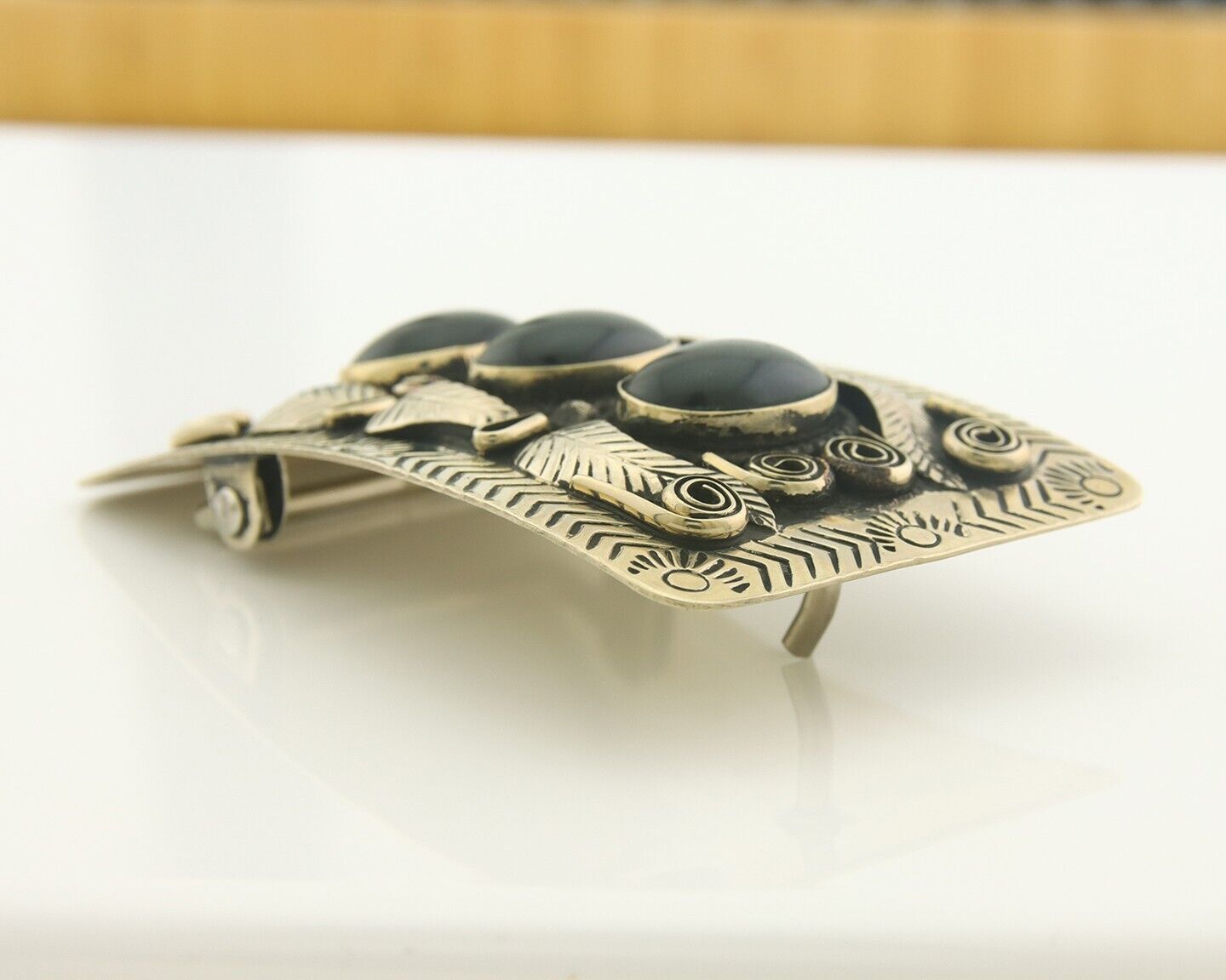 Navajo Concho Belt Buckle .999 Nickel Onyx Native American Artist 2x3 in C.80's