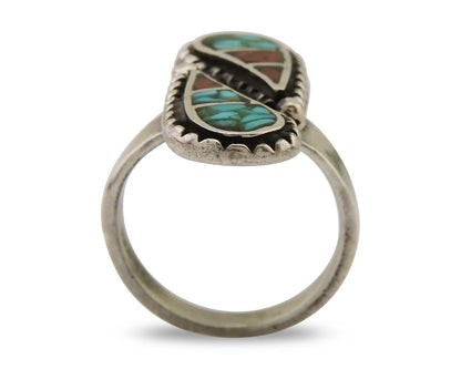 Navajo Ring 925 Silver Chip Inlay Turquoise & Coral Native Artist C.80's
