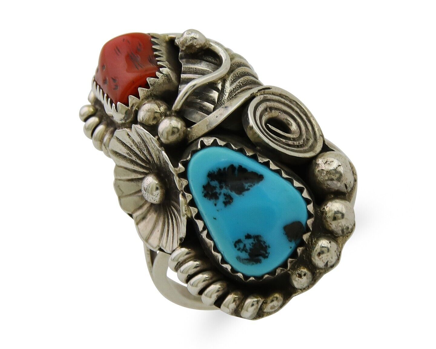 Navajo Handmade Ring 925 Silver Coral & Turquoise Signed Circle Max C.80's