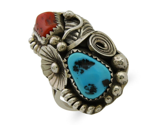 Navajo Handmade Ring 925 Silver Coral & Turquoise Signed Circle Max C.80's