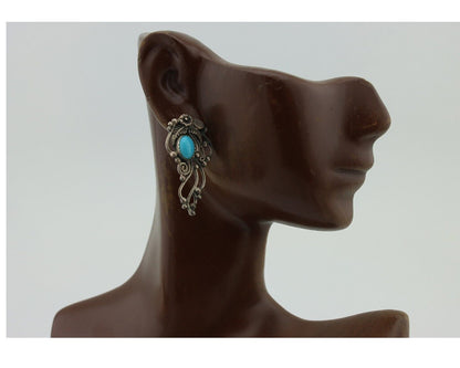 Navajo Earrings 925 Silver Natural Blue Turquoise Native American Artist C.80s