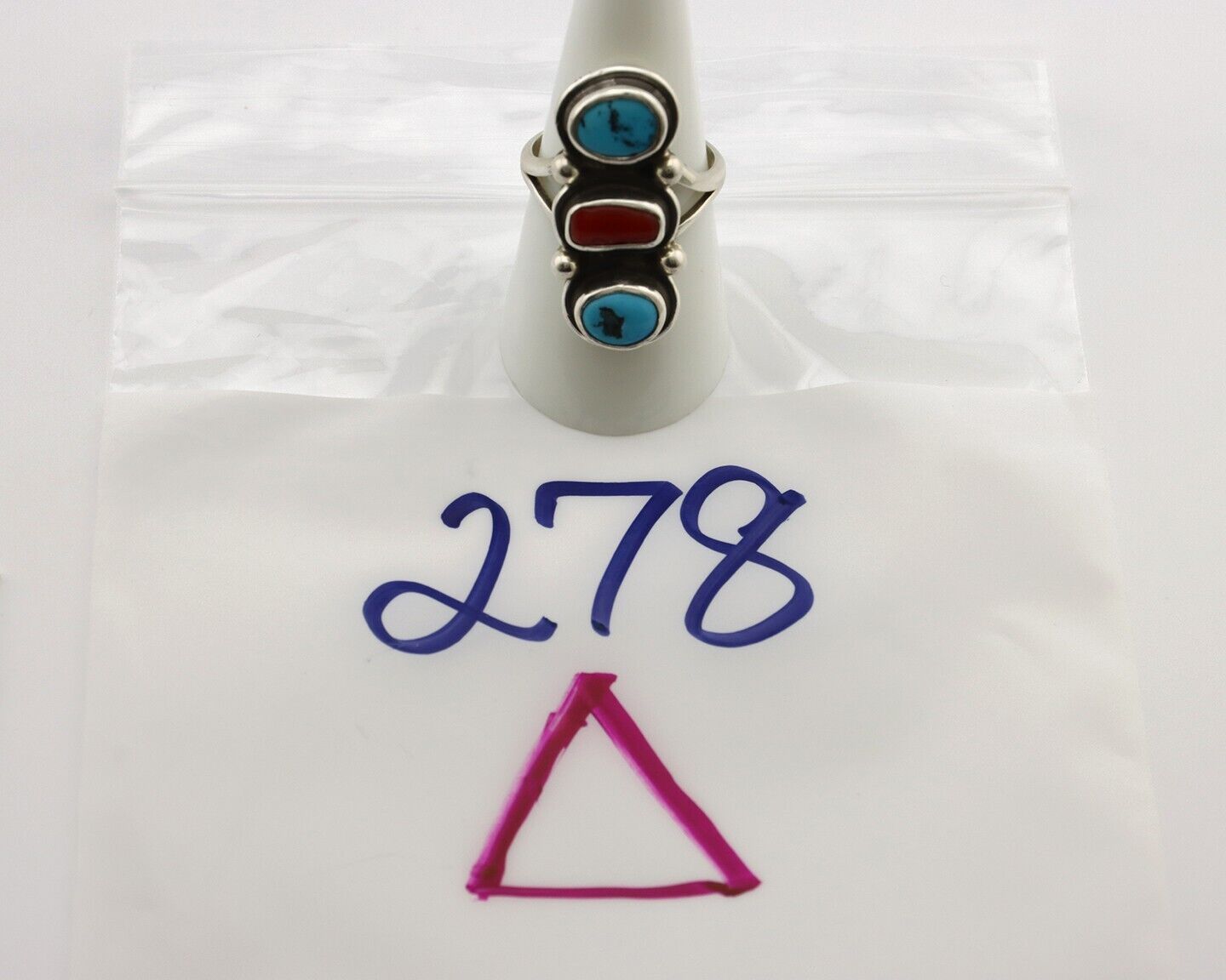 Navajo Ring 925 Silver Sleeping B Turquoise & Coral Native American Artist C.80s