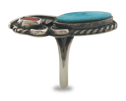 Navajo Ring 925 Sterling Natural Coral & Turquoise Native Artist C.80's Sz 7.25