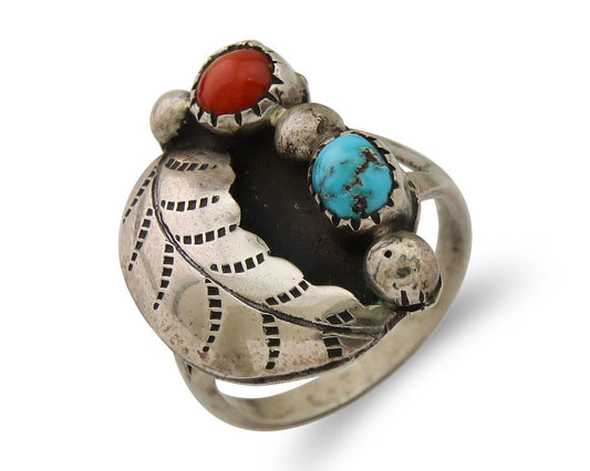 Navajo Ring 925 Silver Turquoise & Coral Native American Artist C.80's