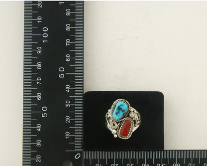 Men Navajo Ring 925 Sterling Natural Coral & Turquoise Signed JM C.80's Size 11
