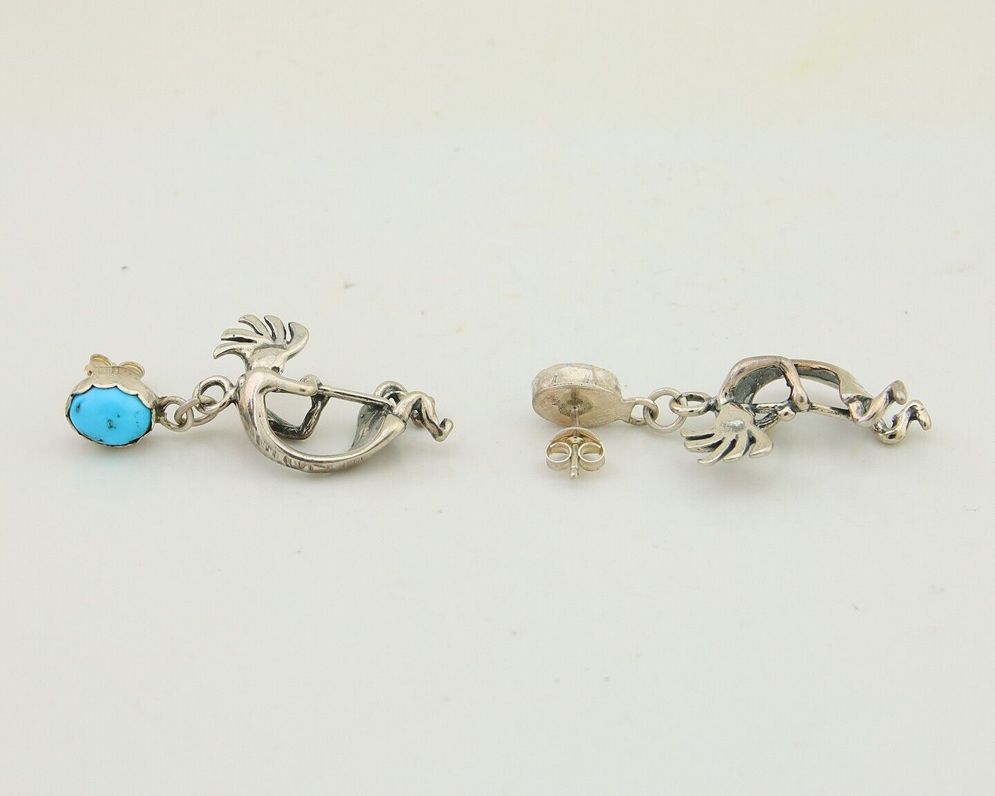 Navajo Dangle Kokopelli Earrings 925 Silver Natural Turquoise Native Artist C80s