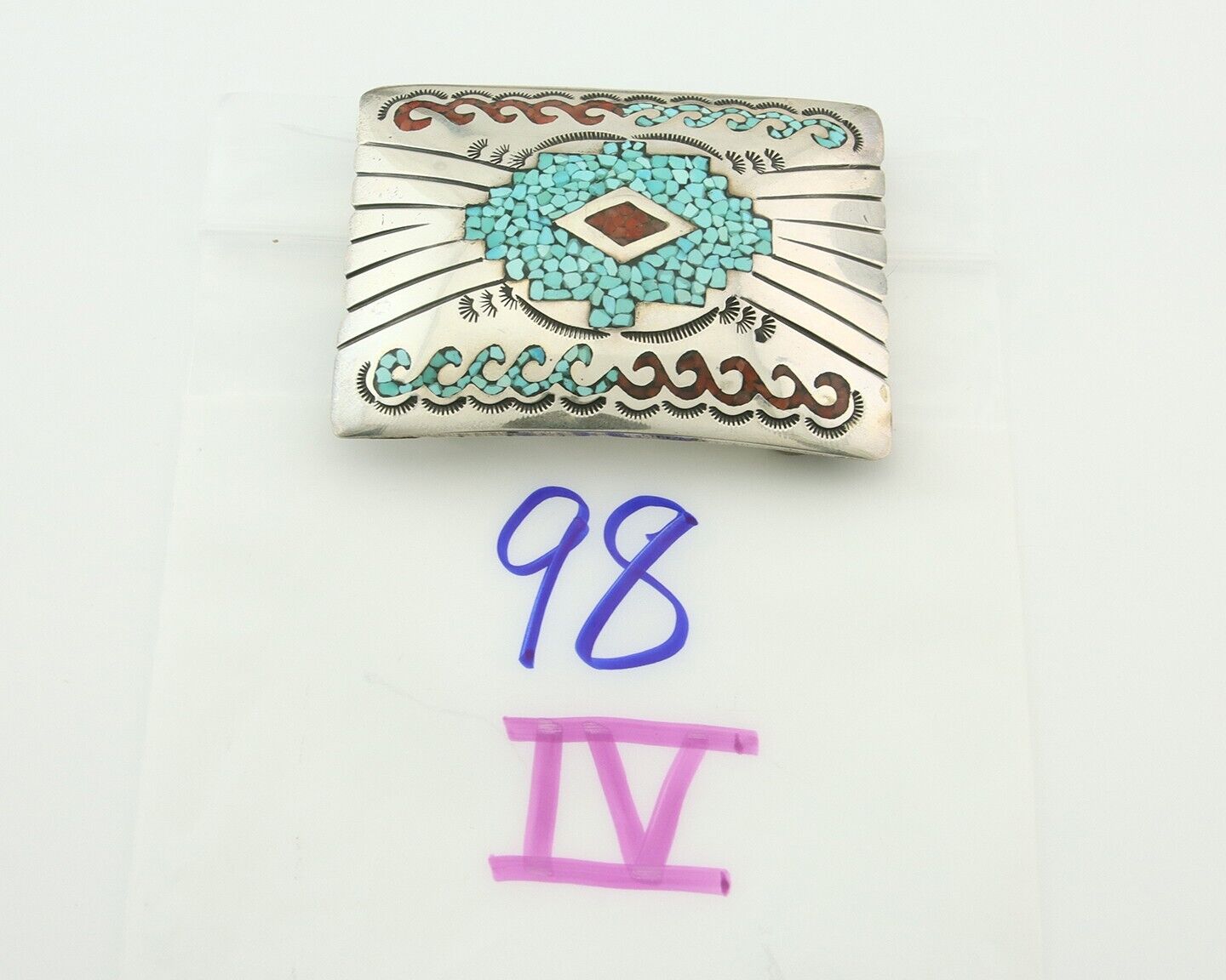 Vintage Navajo Belt Buckle 925 Silver Handmade Inlaid Gemstone Signed IHMJ
