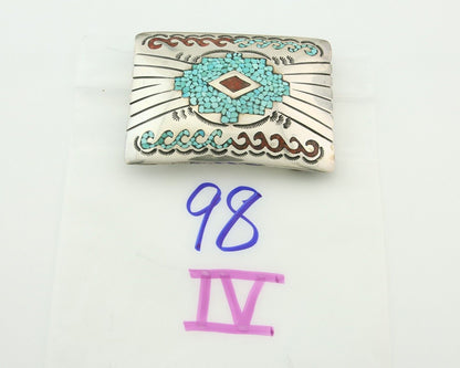 Vintage Navajo Belt Buckle 925 Silver Handmade Inlaid Gemstone Signed IHMJ