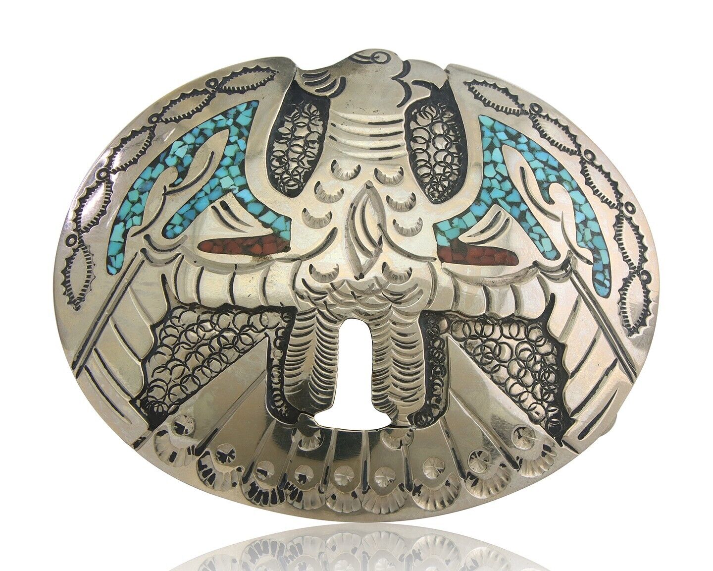 Navajo Belt Buckle .999 Nickel Buffalo Gemstone Signed Jimmie Nezzie 3x3.5in C80