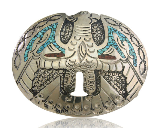 Navajo Belt Buckle .999 Nickel Buffalo Gemstone Signed Jimmie Nezzie 3x3.5in C80