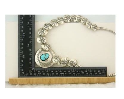 Vintage Navajo Bead Necklace 925 Siilver Turquoise Hand Stamped Native Artist