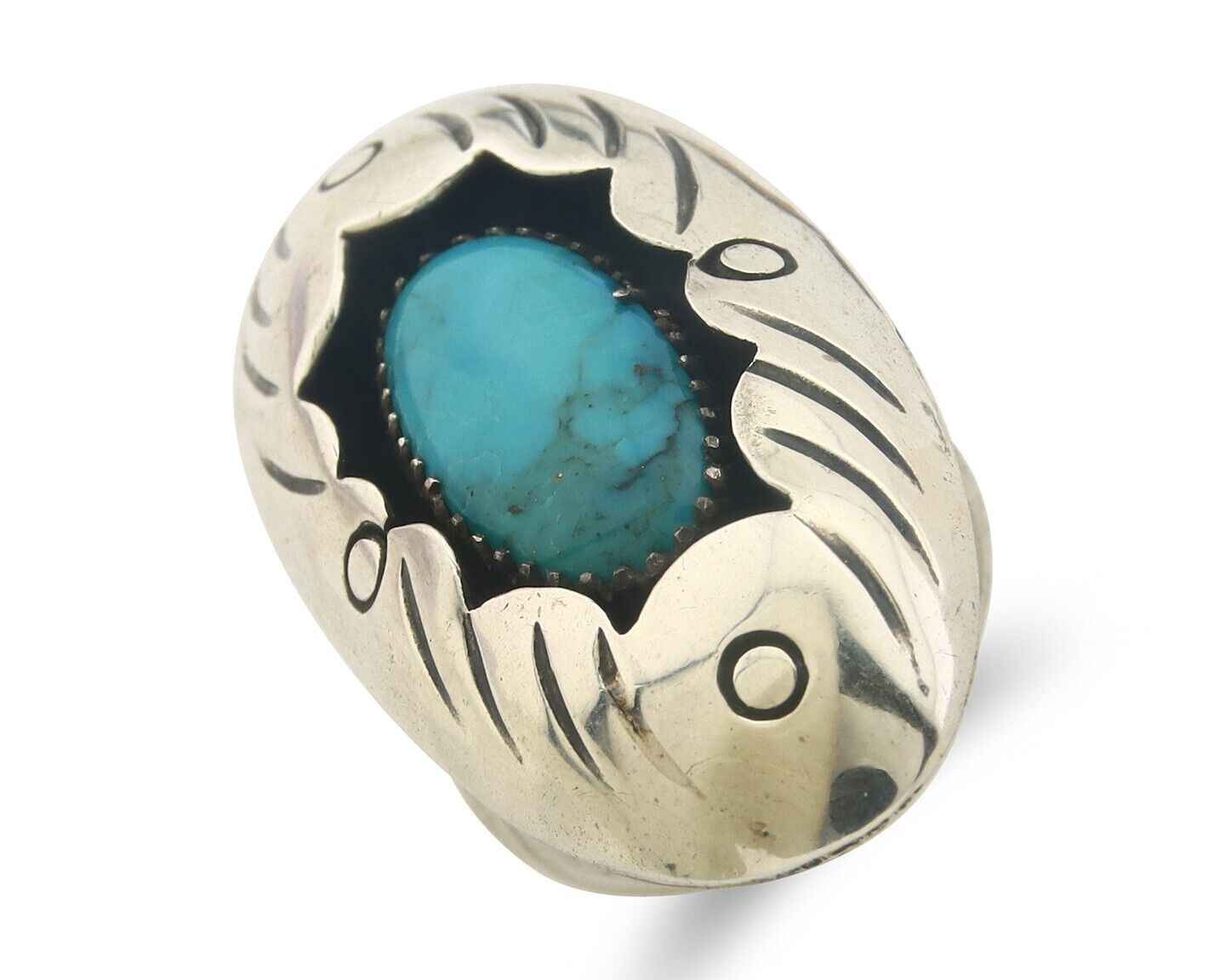 Navajo Ring 925 Sterling Turquoise Handmade Native Artist C.80's Size 7.0