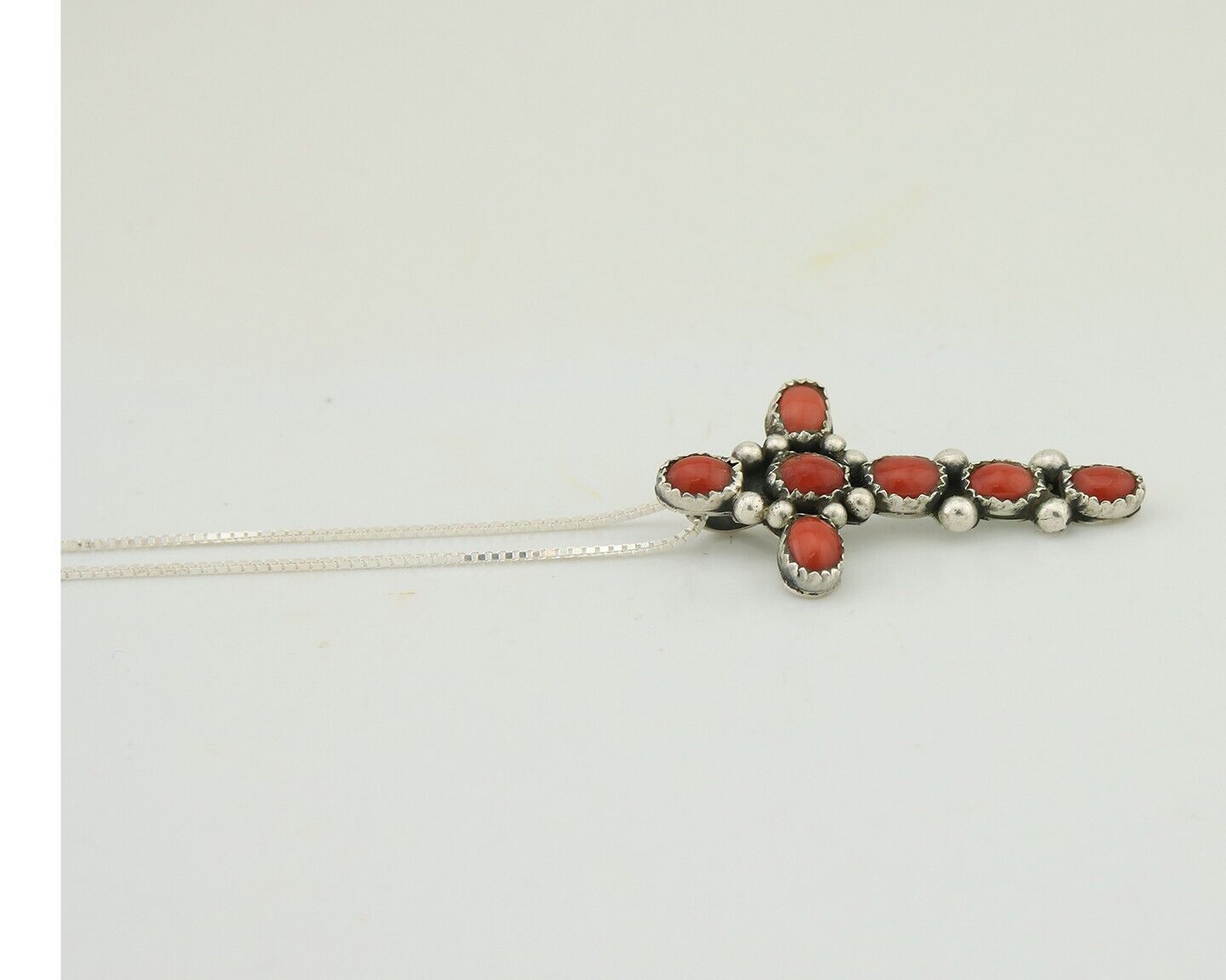 Navajo Cross Necklace 925 Silver Mediterranean Coral Native American Artist C80s