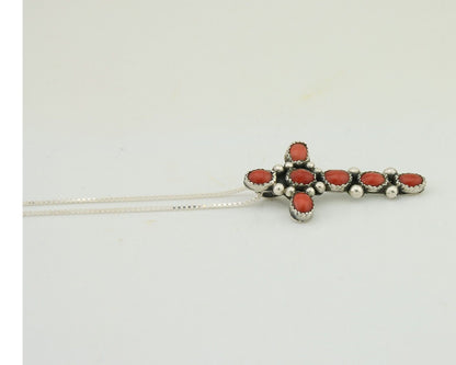 Navajo Cross Necklace 925 Silver Mediterranean Coral Native American Artist C80s