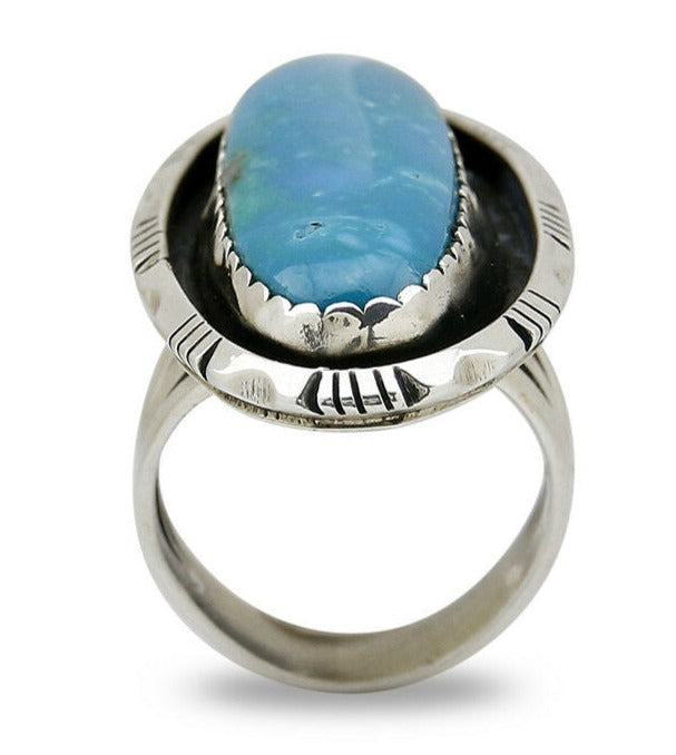 Navajo Museum Quality Handmade .925 Silver Large Natural Blue Turquoise Ring