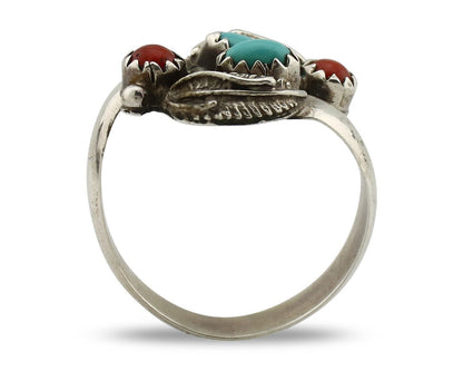Navajo Adjustable Ring 925 Silver Turquiose & Coral Native Artist C.80's