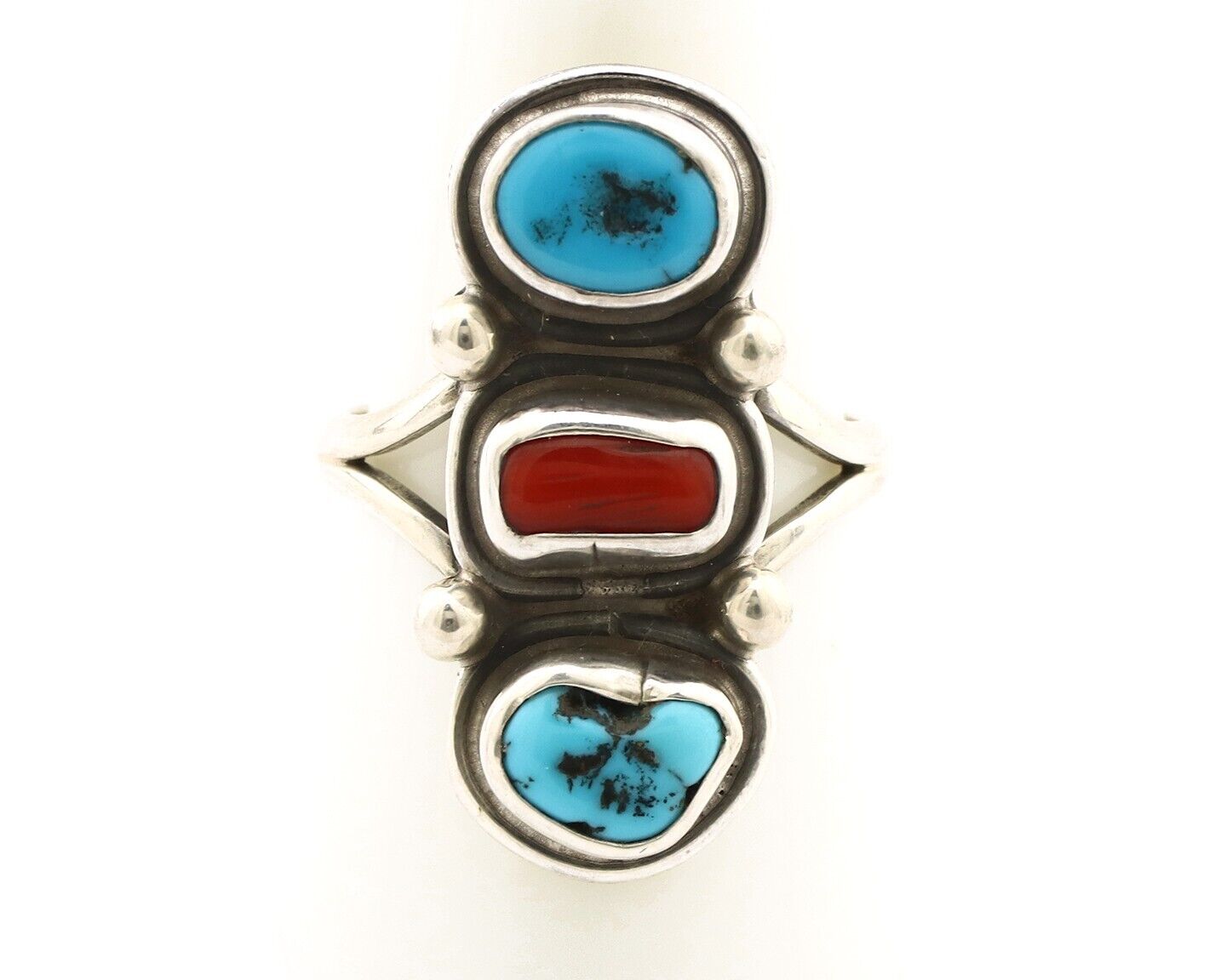 Navajo Ring 925 Silver Sleeping B Turquoise & Coral Native American Artist C.80s