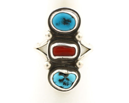 Navajo Ring 925 Silver Sleeping B Turquoise & Coral Native American Artist C.80s