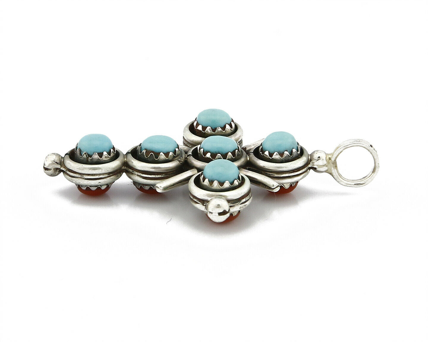 Zuni Natural Turquoise and Coral Reversible 925 Silver Handmade Pendant