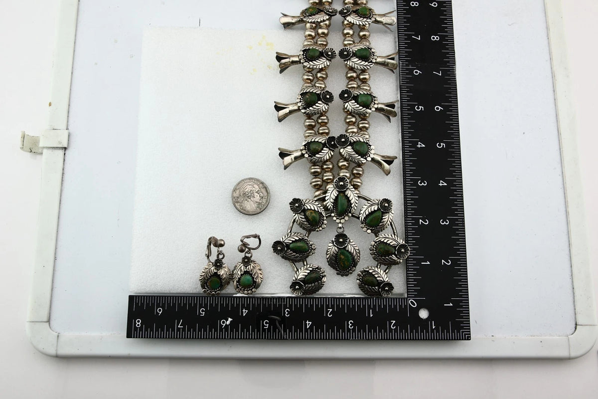 Navajo Squash Necklace Earring Set Sterling Silver Turquoise Vintage C.80's