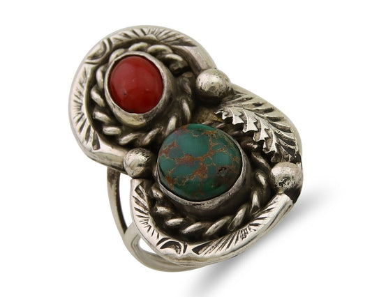 Navajo Handmade Ring 925 Silver Turquoise & Coral Native Artist C.80's