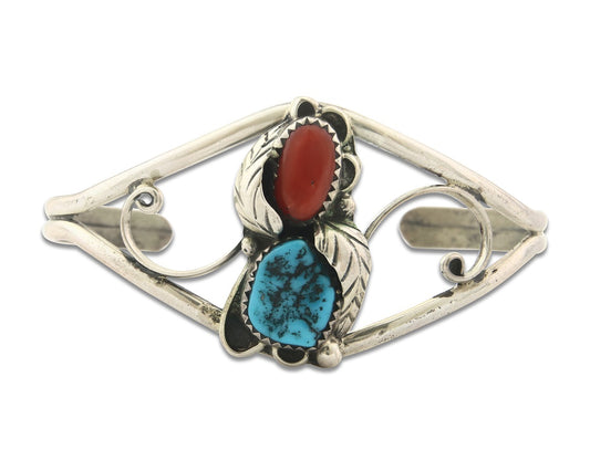 Vintage Navajo Bracelet 925 Silver Red Coral Turquoise Authentic