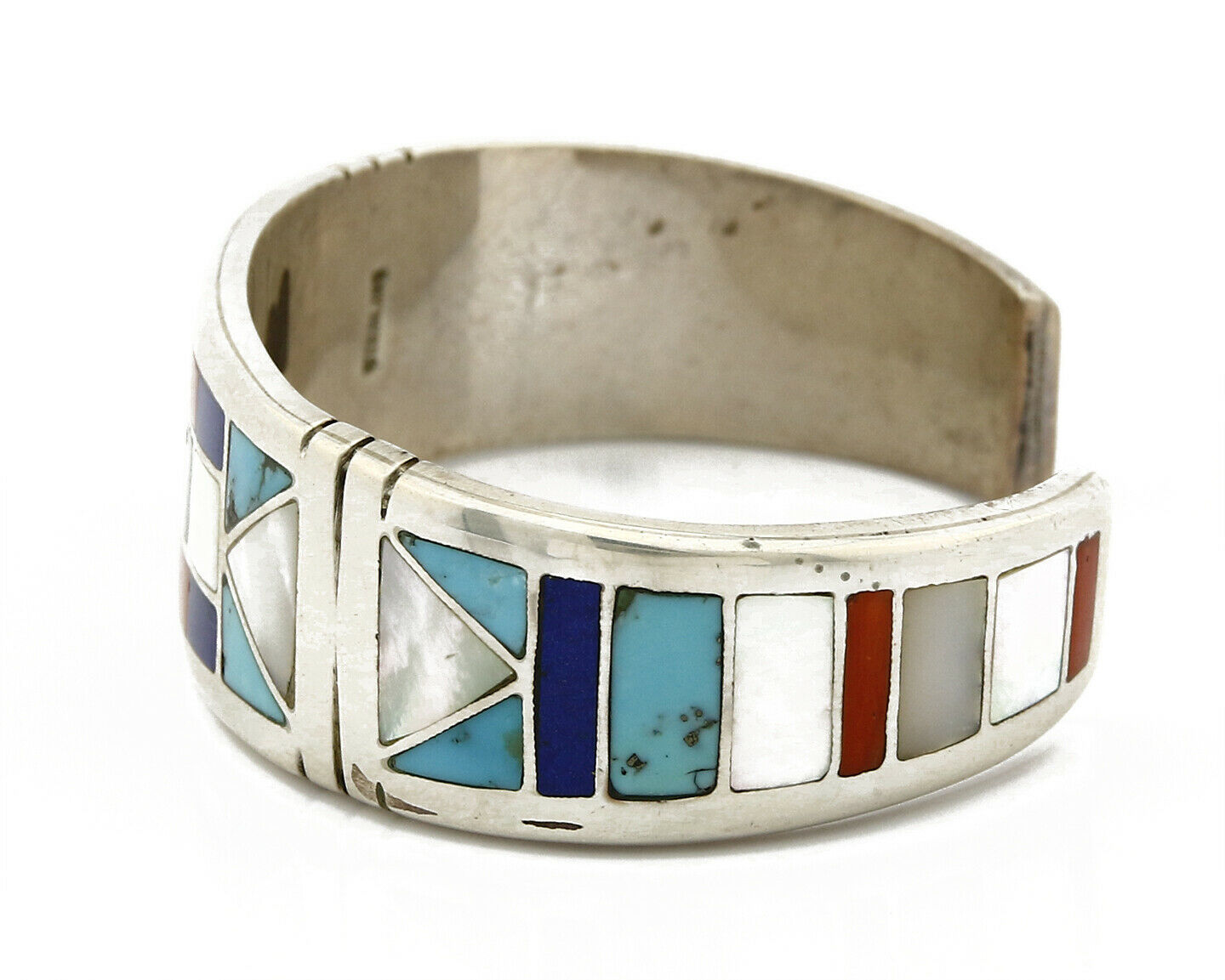 Early Artist David Freeland Inlaid Natural Gemstone .925 SOLID Silver Cuff