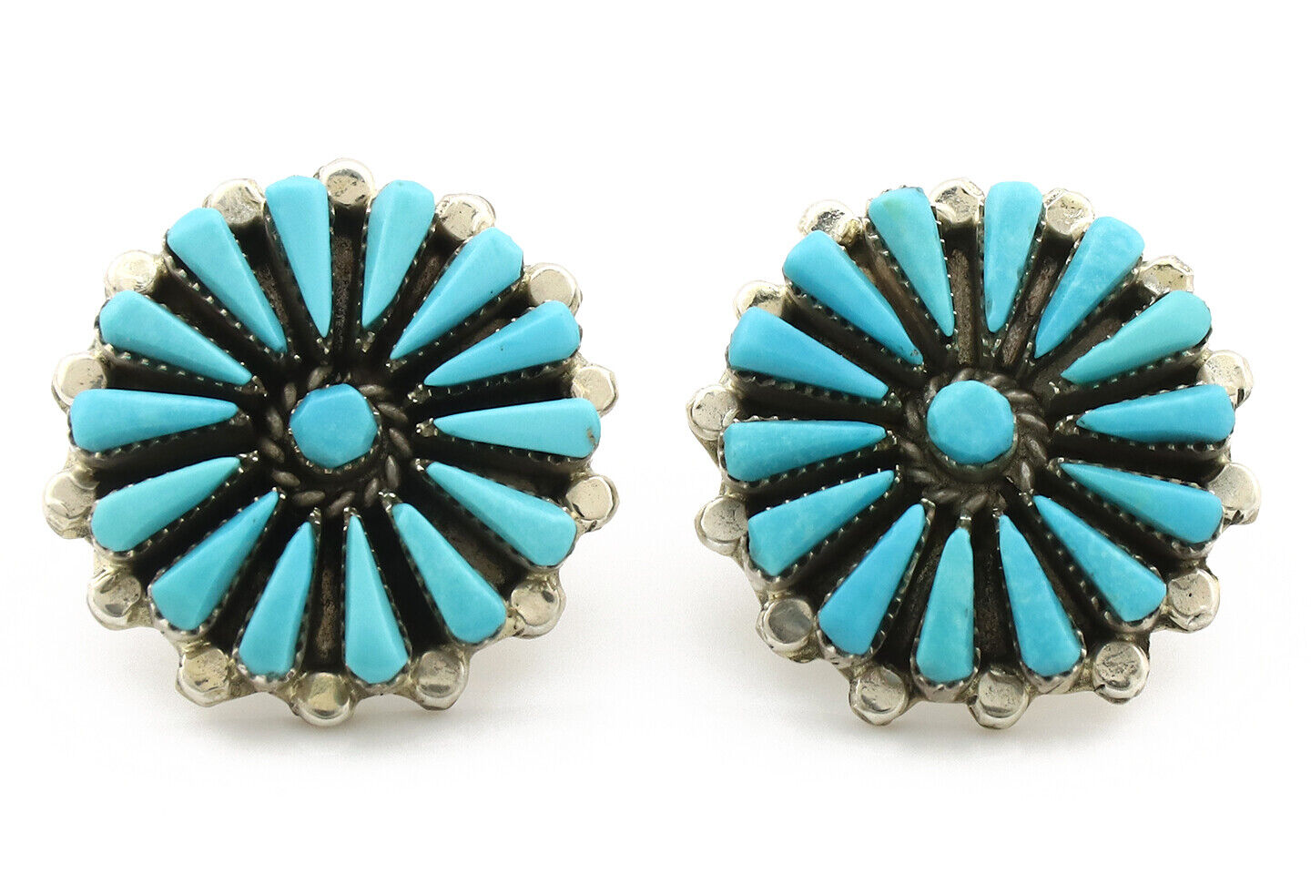 Zuni Earrings .925 Silver Petti Point Natural Blue Turquoise Native Artist C.80s