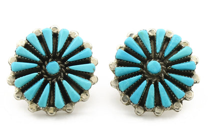 Zuni Earrings .925 Silver Petti Point Natural Blue Turquoise Native Artist C.80s