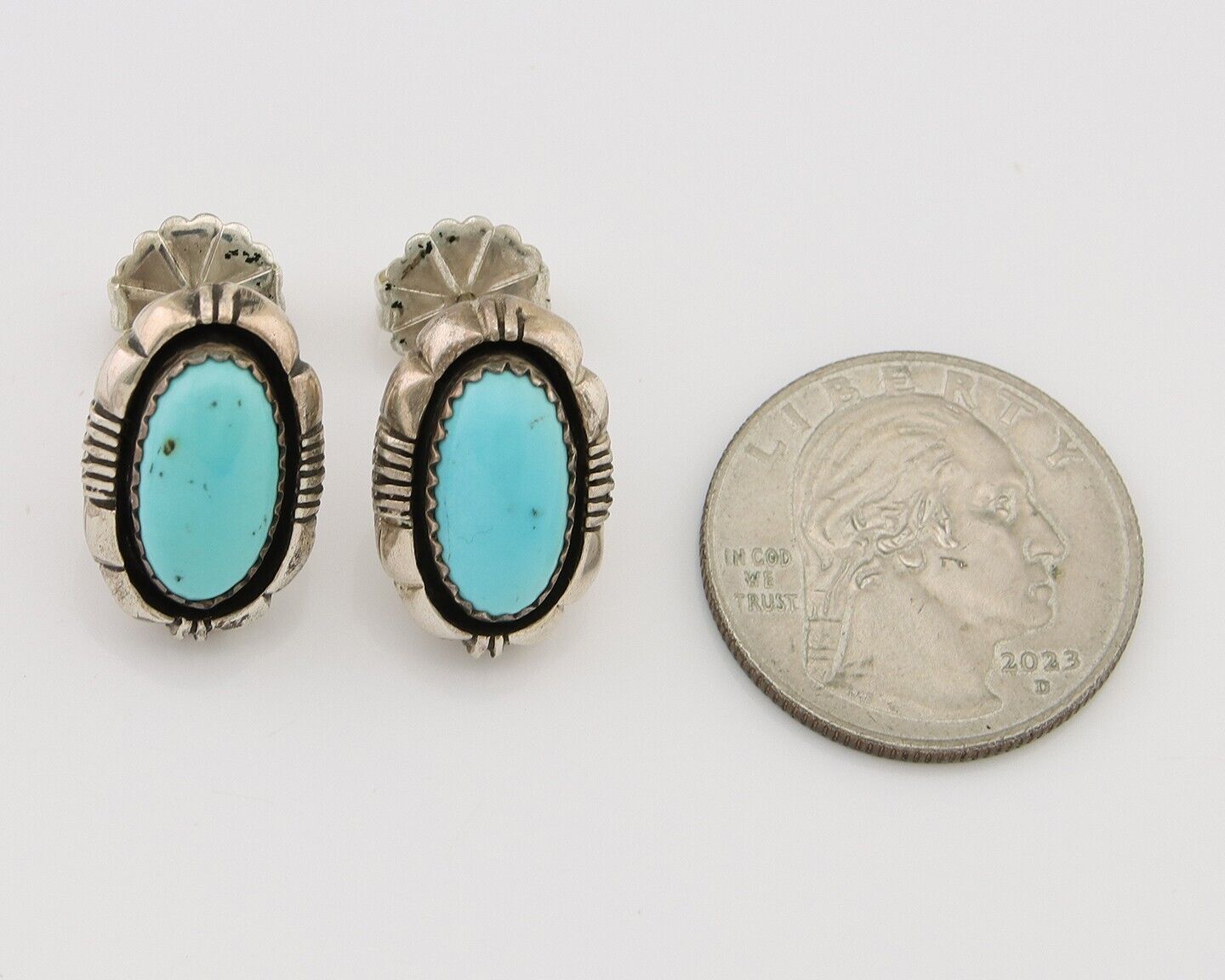 Navajo Earrings 925 Silver Inlaid Natural Turquoise Artist Signed L Yazzie C.80s