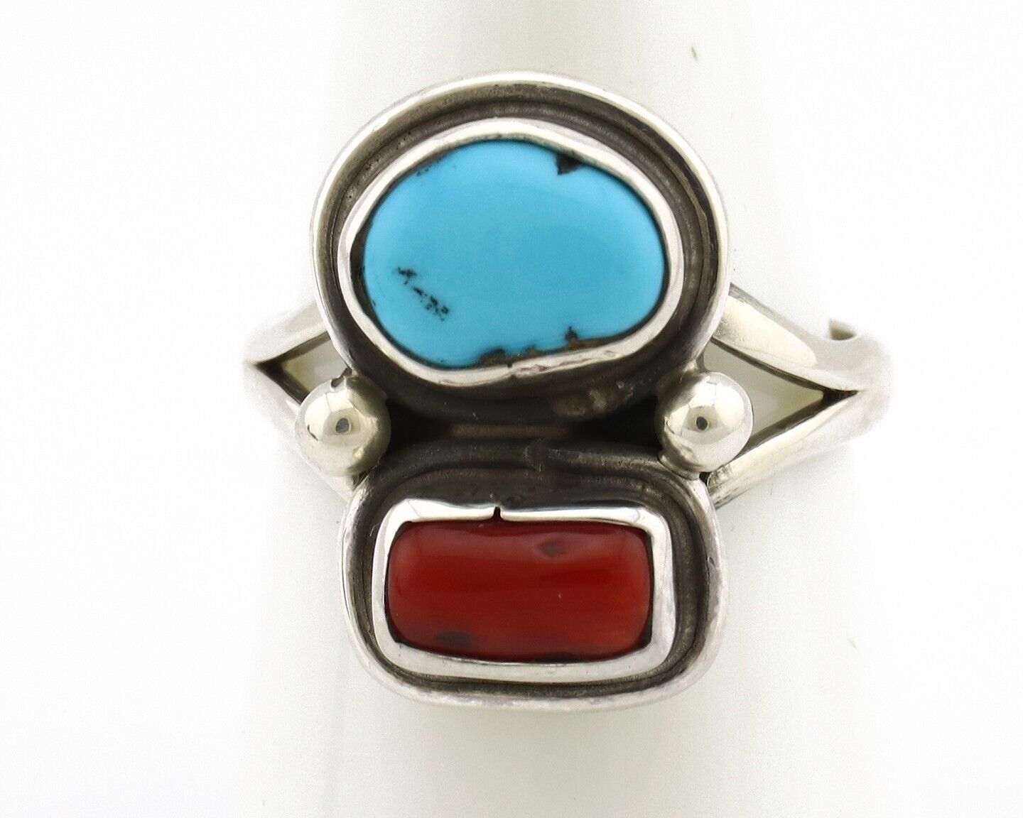 Navajo Ring 925 Silver SB Turquoise & Red Coral Native American Artist C.80s