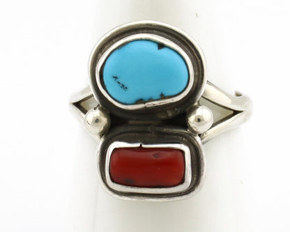 Navajo Ring 925 Silver SB Turquoise & Red Coral Native American Artist C.80s