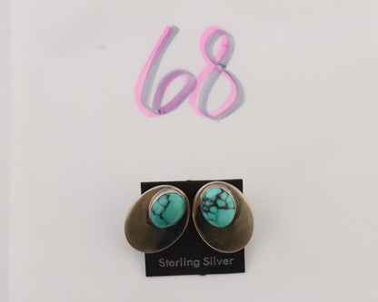 Navajo Shield Earrings 925 Silver Natural Malachite Signed Ella Peters C.80's