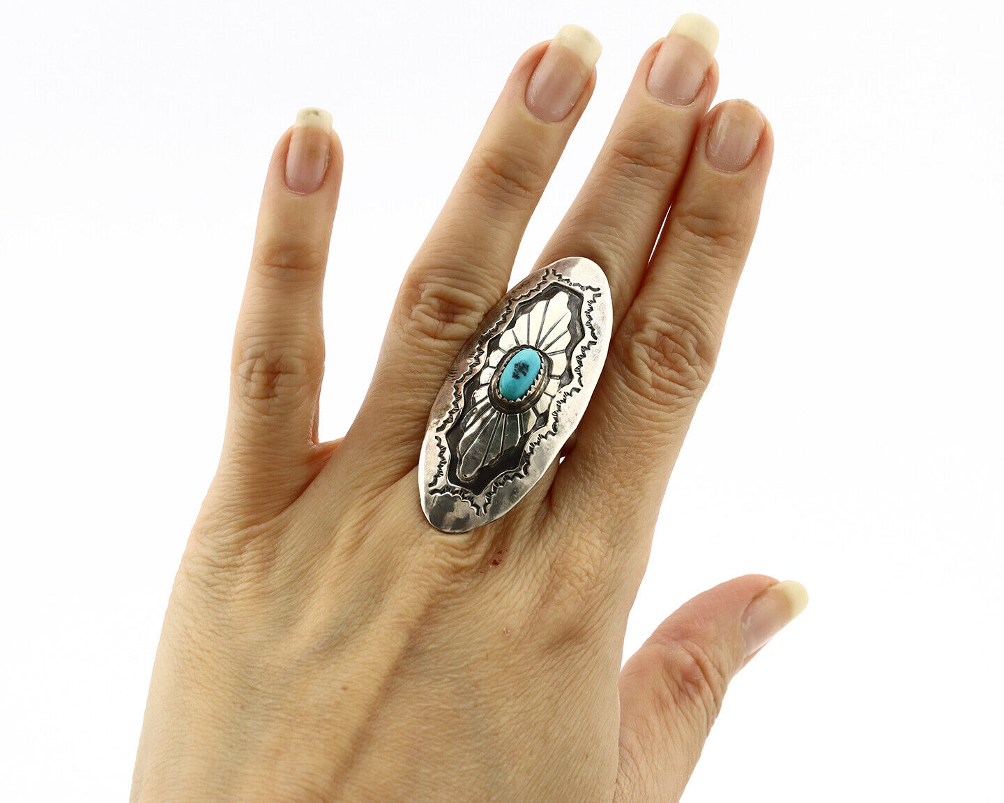 Navajo Shield Ring .925 Silver Blue Turquoise Hand Stamped Native Artist C.80's
