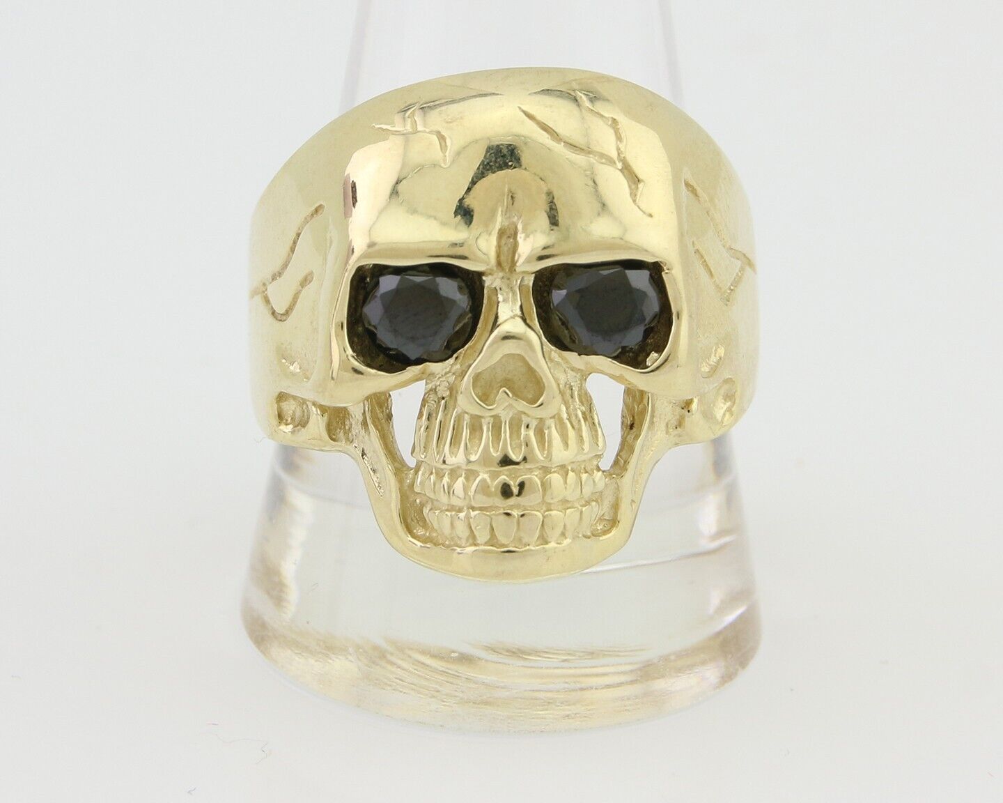 Men 14k SOLID Gold Skull Ring Black Glass Eyes Size 12
