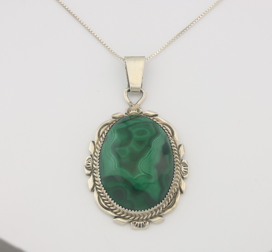 Navajo Sterling Silver Necklace Malachite Authentic Vintage Signed TALHAT