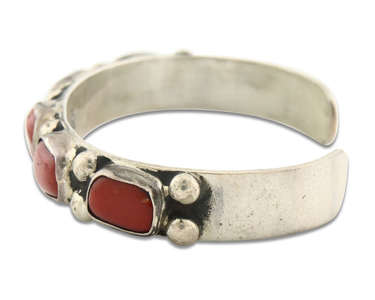 Vintage Navajo Bracelet 925 Silver Red Coral handmade Signed C Montoya