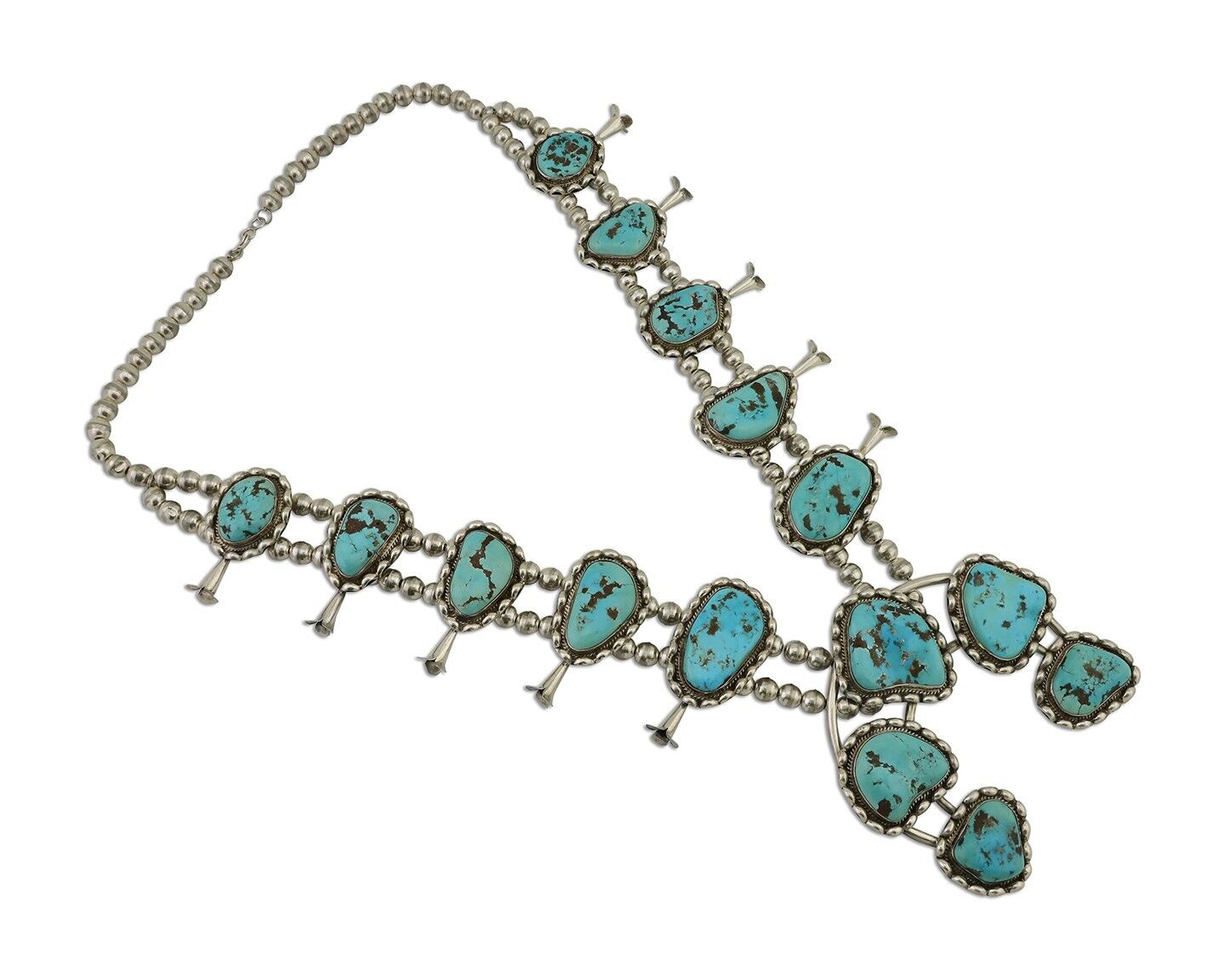 HUGE Navajo Squash Necklace 925 Silver Bisbee Turquoise Signed BY-OG C.80's