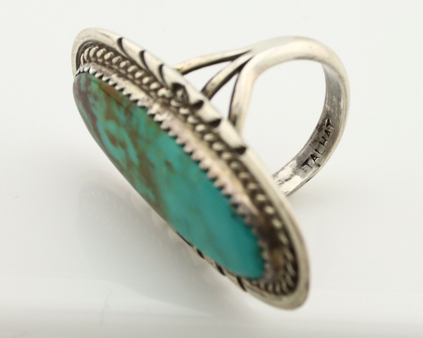 Navajo Ring 925 Silver Natural Turquoise Native Artist Signed TALHAT C.80's