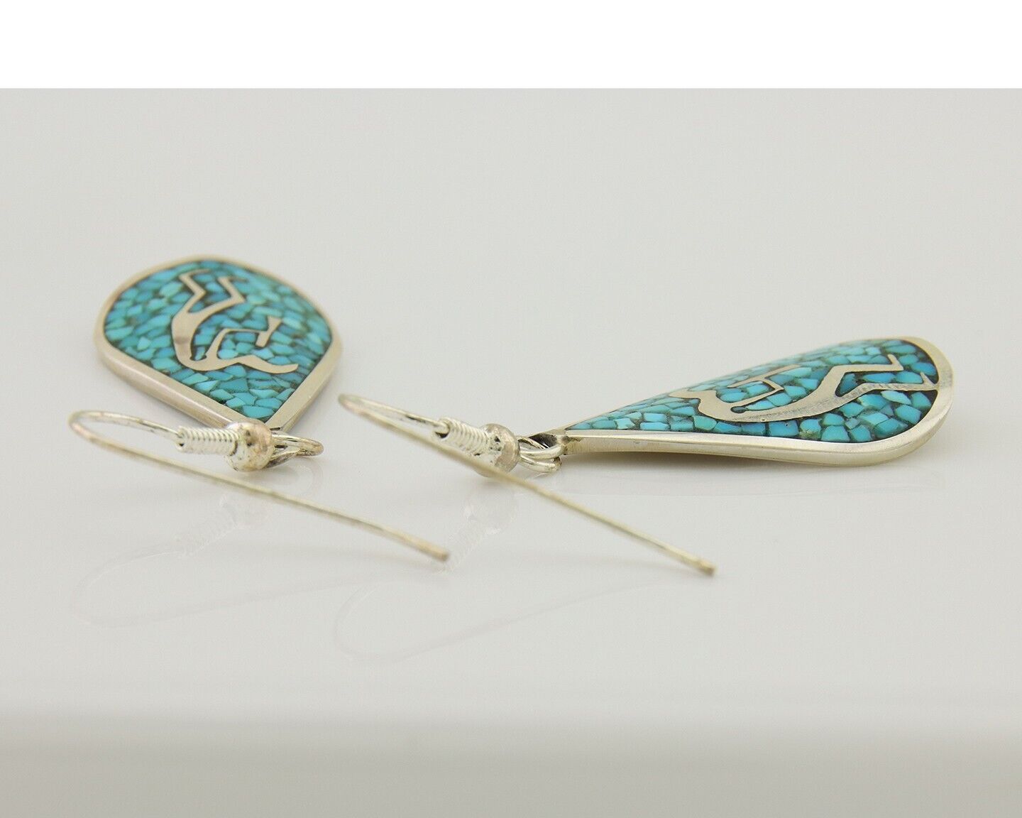 Navajo Kokopelli Earrings 999 Nickel Chip Inlay Turquoise Coral Native American