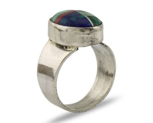 Zuni Inlaid Ring 925 Silver Mixed Natural Gemstones Native American Artist C.80s